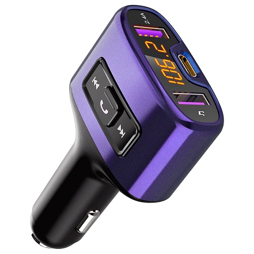 Bluetooth FM Transmitter, Comsoon Wireless Radio Adapter Receiver Car Kit with 18W USB Type-C Car Charger Port & 5V/2.4A Dual USB Ports, Support USB Flash Drive, Hands-Free Calling (Purple)